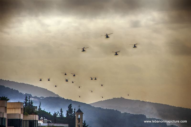 Leb Army Helicopters Fleet Flying over Mount Lebanon in Preparation for the Independence Day