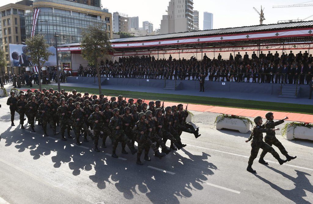 Lebanese army soldiers march during a parade to mark the 73th anniversary of Lebanon’s Independence Day in Beirut. 