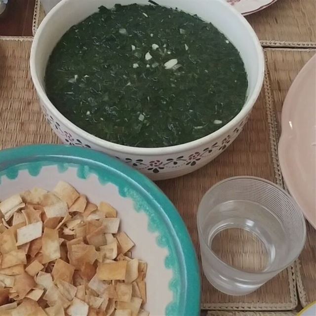 Lebanese family get-together meal, mulukhiyeh. Recipe in cookbook page...