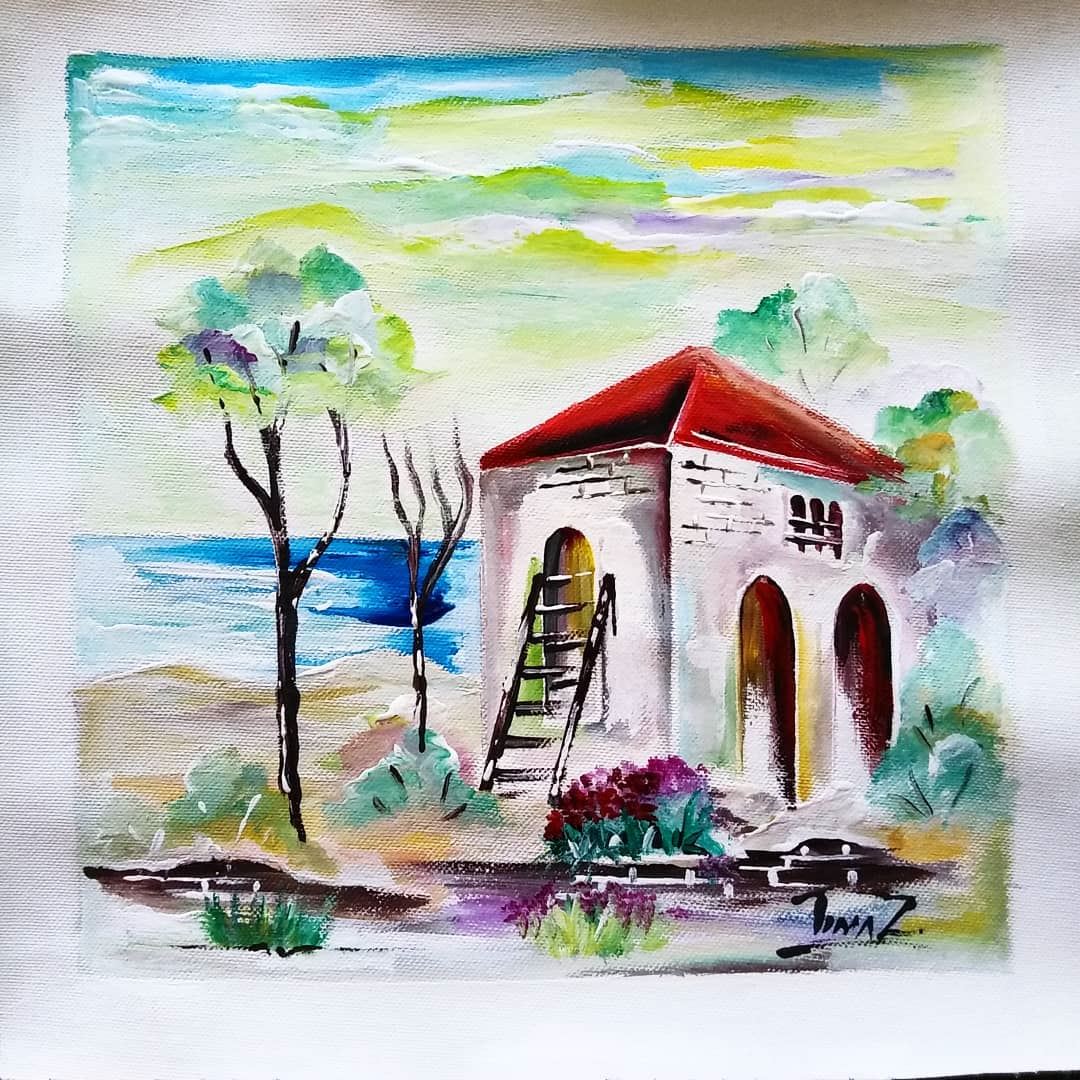 Lebanese home 25x25  acrylic on  canvas  nature  ocean  oldhouse ...