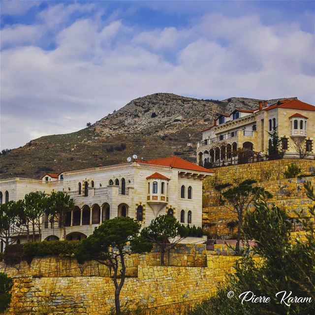  lebanese  twins  old  houses  tree cloudy  sky  mountain  colorful ... (Falougha, Mont-Liban, Lebanon)