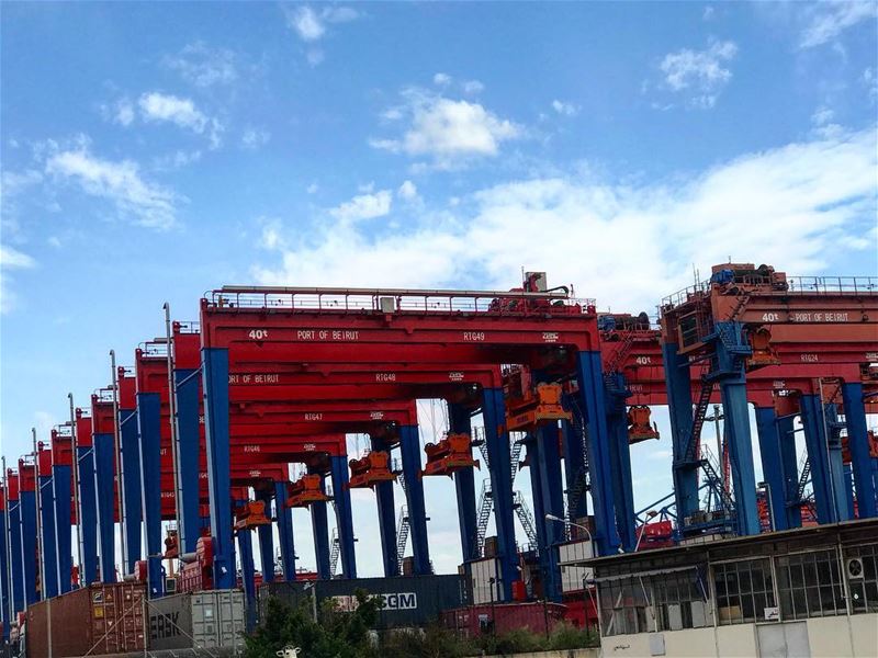  lebanon beirut port container terminal trade import export red blue sky... (Port of Beirut)