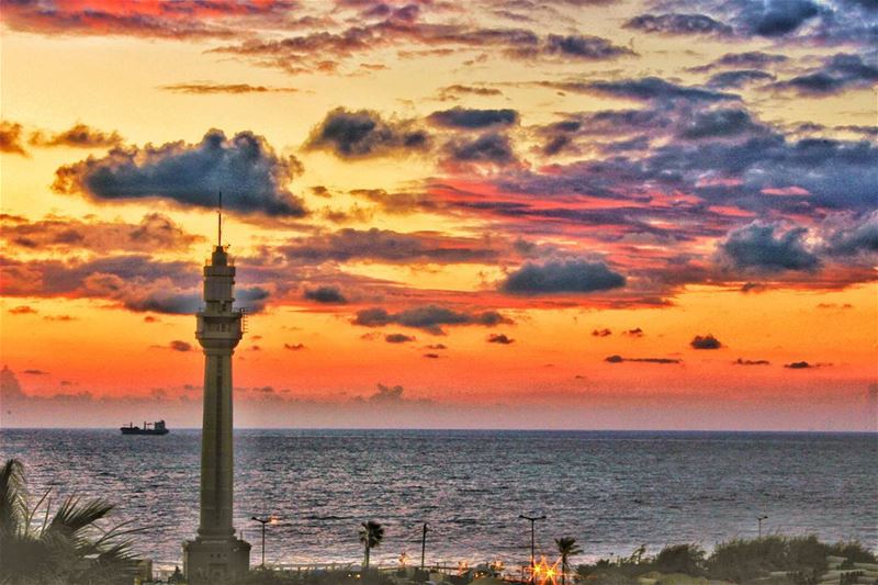 Manara colorful  sunset  lighthouse  clouds  sea  orange  light  ship ... (Running Beirut Manara)