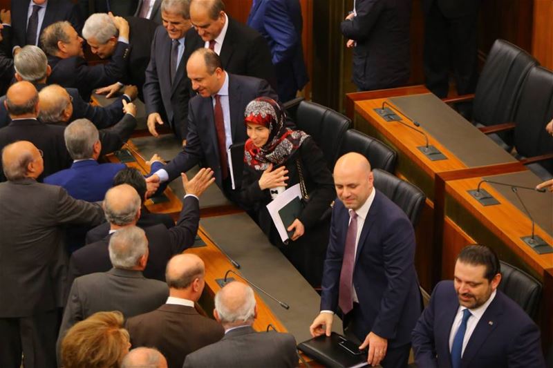 Minister Inaya Ezzidine, receiving congratulations after winning a vote of confidence, in the parliament building, Beirut