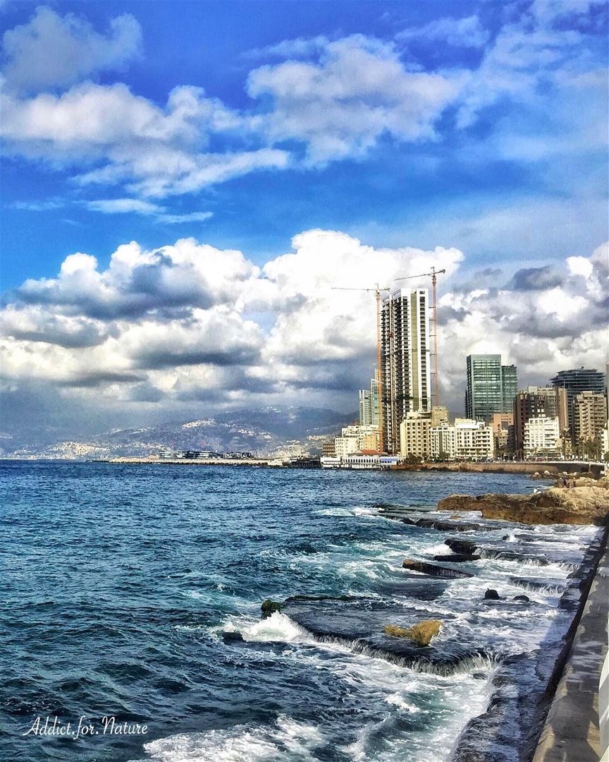 My beautiful city ❤️  love  sea  ocean  waves  rocks  ripples  clouds ... (Ain El Mreisse, Beyrouth, Lebanon)