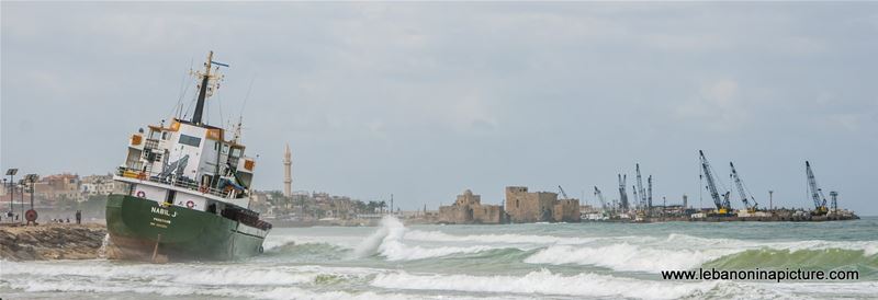 Nabil J stuck on the beach of Saida and Saida Castle in the Background