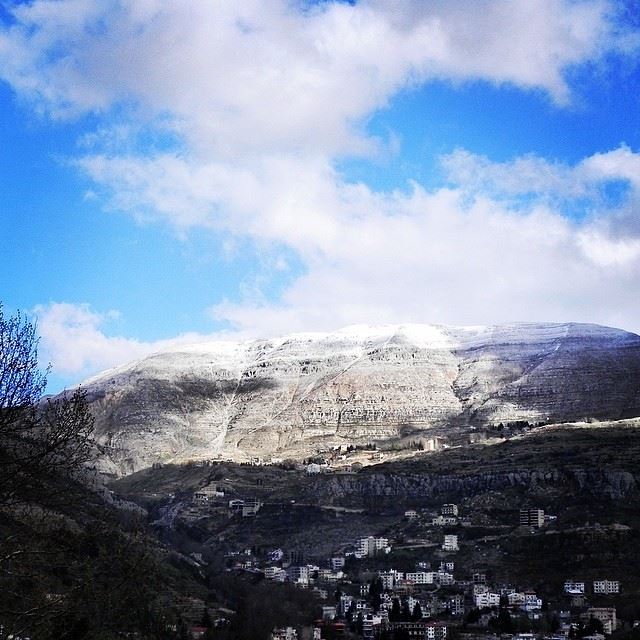  nature blue sky white clouds snow mountains village green trees Faraya...