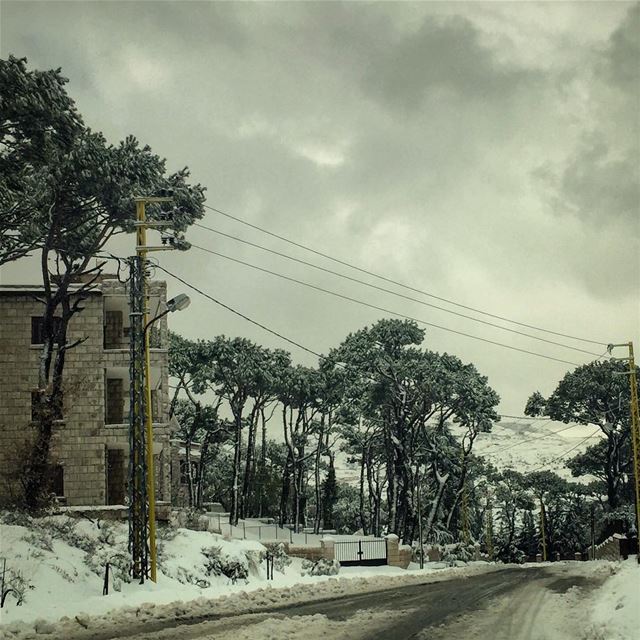 On the road...  mountain  stone  house  village  cloudy  trees  road ...