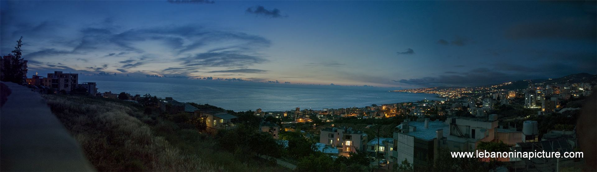 Panoramic View Right After the Sunset Showing the Mediterranean from Tabarja Coast Until Nahr Ibrahim (Safra, Lebanon) 