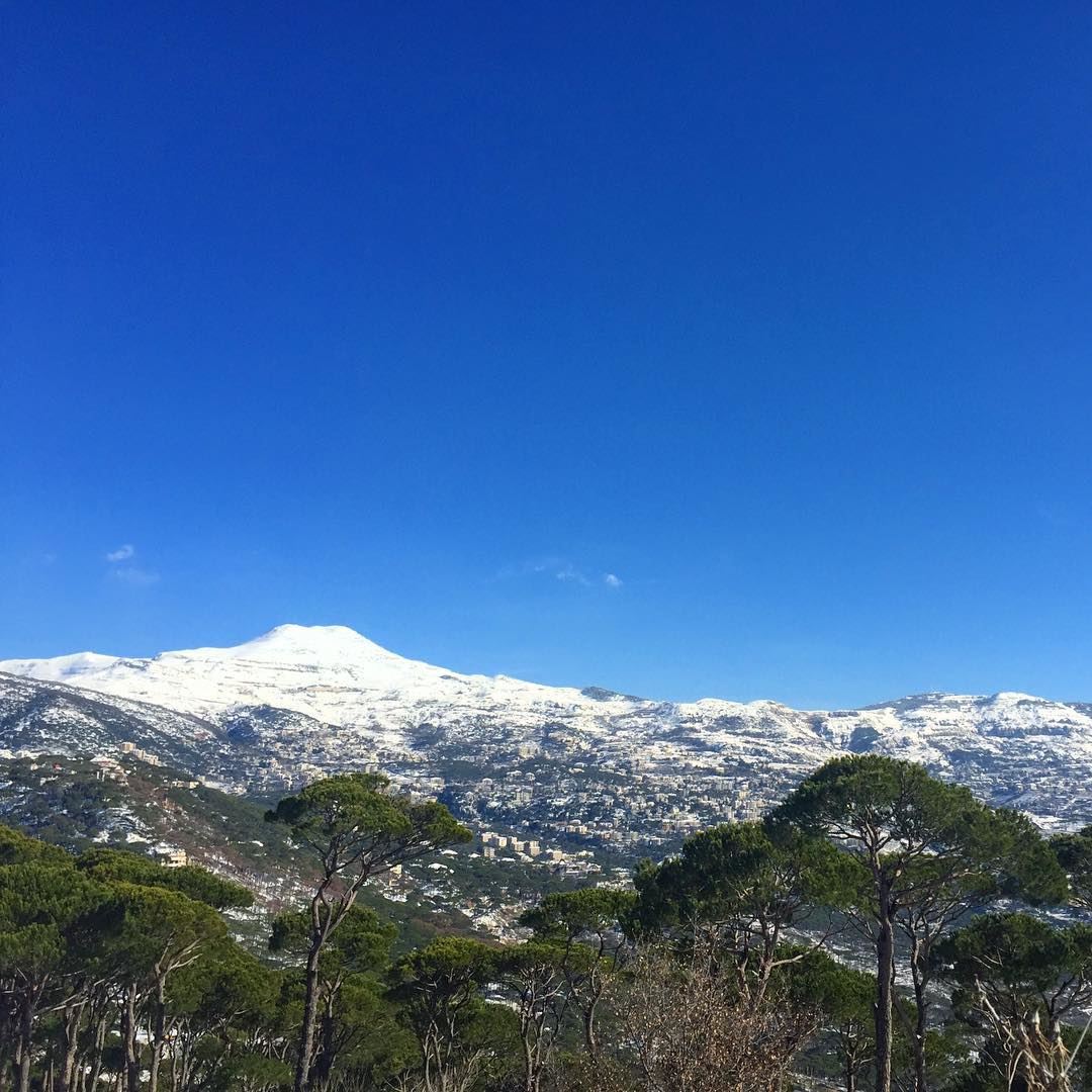 Perfection 🏔🌍  white  mountains  blue  sky  trees  lebanon  proudly ... (Ra'S Al Matn, Mont-Liban, Lebanon)