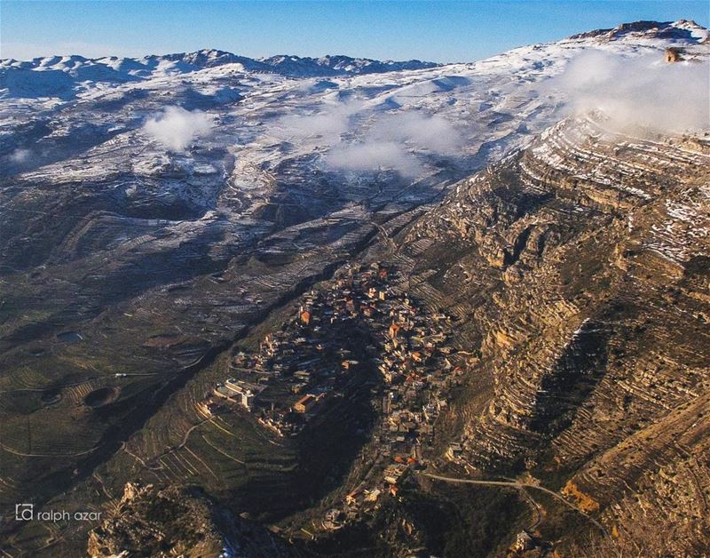 Picturesque Akoura with the surrounding mountains. This photo was taken... (Akoura, Mont-Liban, Lebanon)