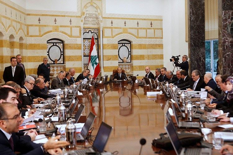 President Michel Aoun heads the first meeting of the new cabinet at the presidential palace in Baabda.