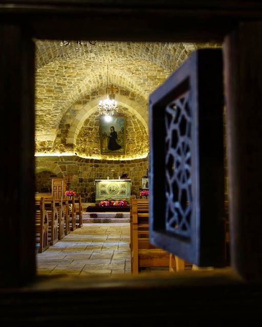 ⛪🙏  SaintAwtel Church  throughthewindow of the 'cha3riyah'; an intricate... (Kfar Sghâb, Liban-Nord, Lebanon)