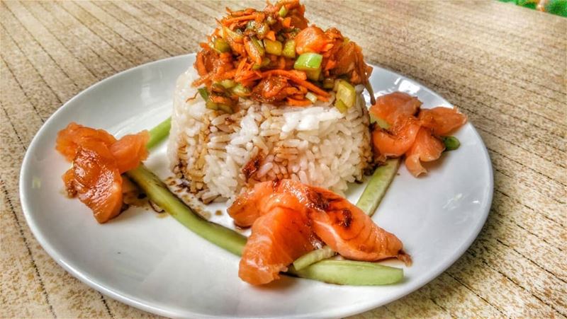 Salmon with Veggies over Rice and Bazella w Riz for lunch today at Em's!... (Em's cuisine)