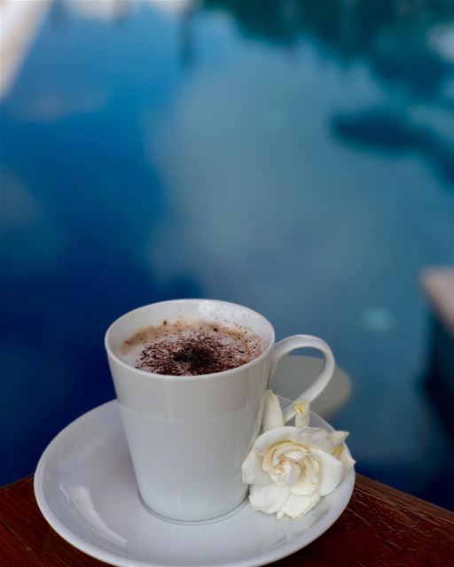 Sipping on a cappuccino by the pristine pool at L’Auberge des Émirs  ... (L' auberge des Emirs & Restaurant le petit Bruxelles)