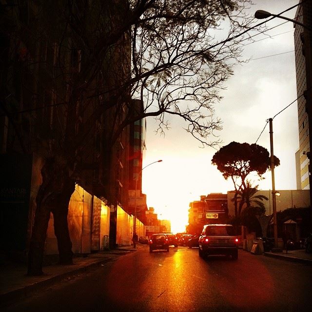  sunset time tree road cars buildings sky cloud main street Hamra Beirut...