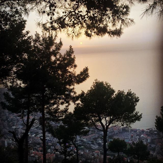 Sunset view  nature  sunset  view  sea  ocean  trees  town  village ... (Our Lady of Lebanon)