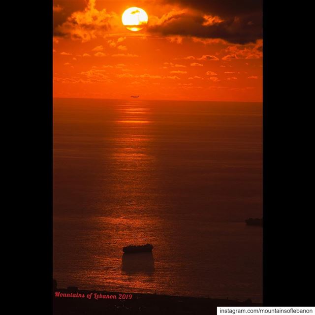 Sunset with boat and airplane sunset  seasunset  airplane  cargoship ...
