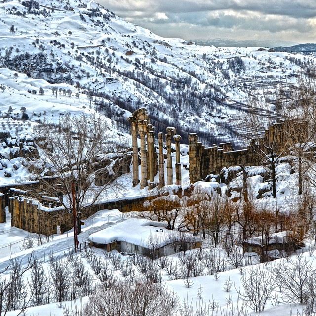 The Archeological site Faqra-kfarzebianRuins covered by snow...