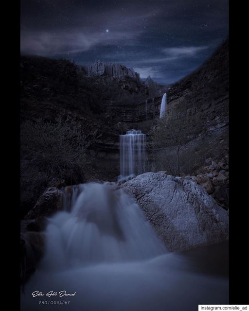 The best way to spend the night ✨ waterfall  river  nature  night ... (Faraya, Mont-Liban, Lebanon)