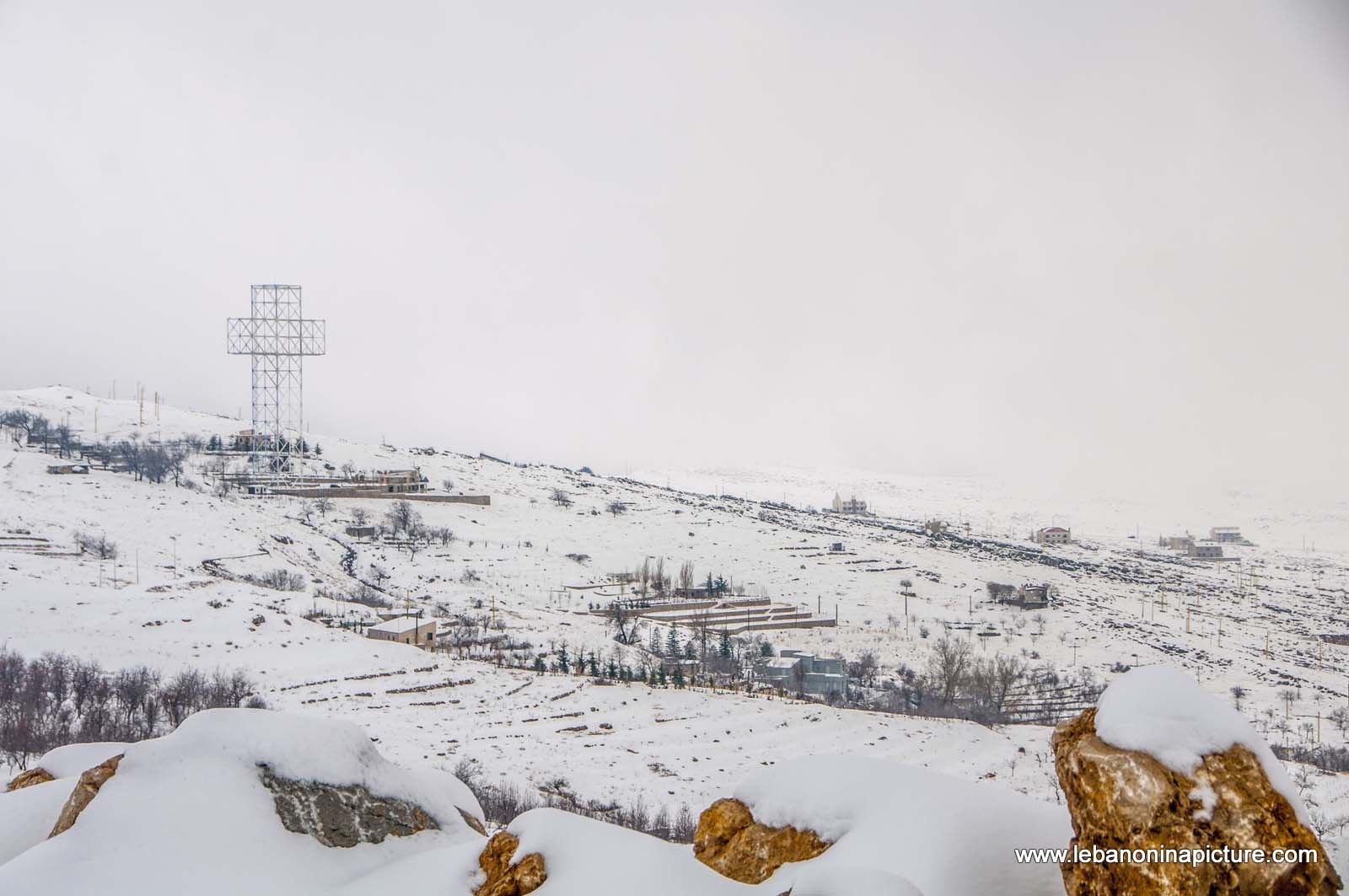 The Biggest Illuminated Cross in the World Dressed for Snow (Qanat Bakich, Lebanon)