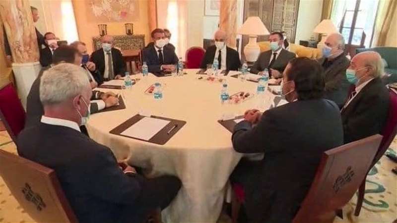 The French President Emanuel Macron sitting in a round table with all the Lebanese post-war era Leaders after the Beirut Blast August 4, 2020