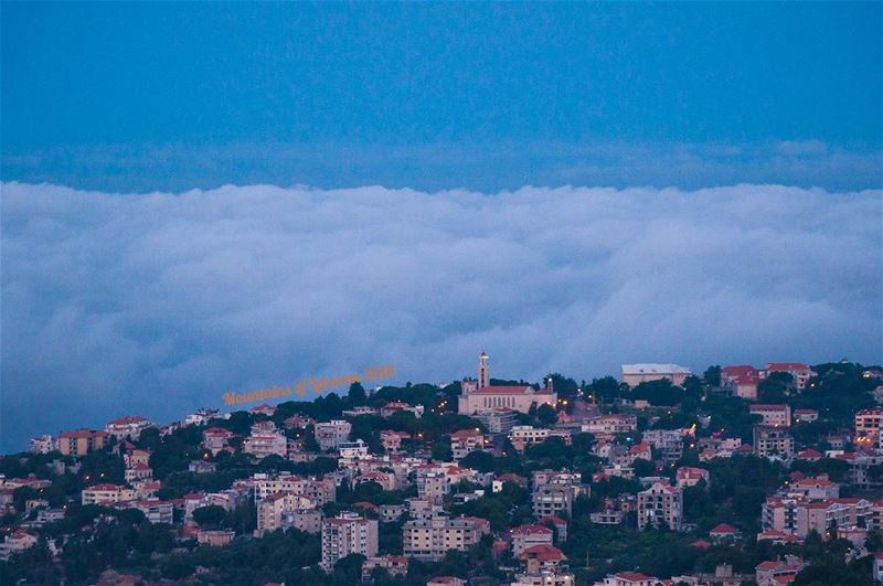 The town of Ajaltoun, keserwan at dawn, sea of clouds at bay ajaltoun ... (Ajaltoun, Mont-Liban, Lebanon)