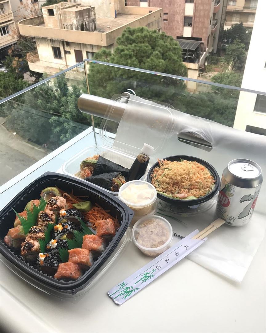 the view of the hospital room 😂!! With some makis & temakis & crab salad � (Hopital Hayek)