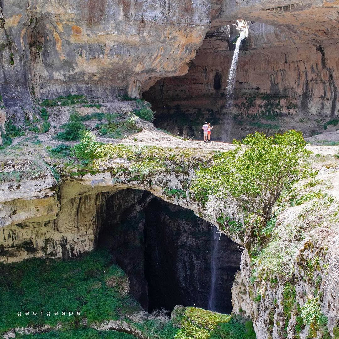 The waterfall drops into the pothole, a cave of Jurassic limestone -... (Tannourine - Balou' Balaa)