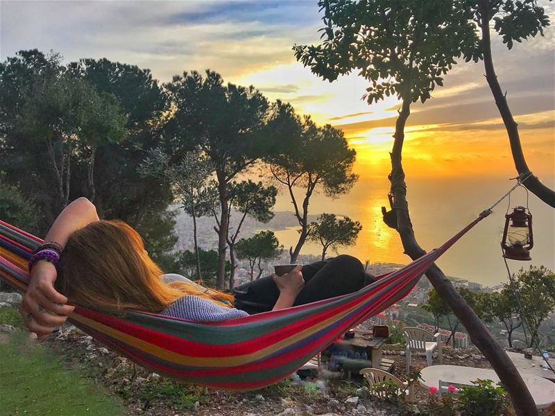 When you’ve got a beautiful city view, hang a hammock and enjoy it 🍭 (Sahl `Alma, Mont-Liban, Lebanon)