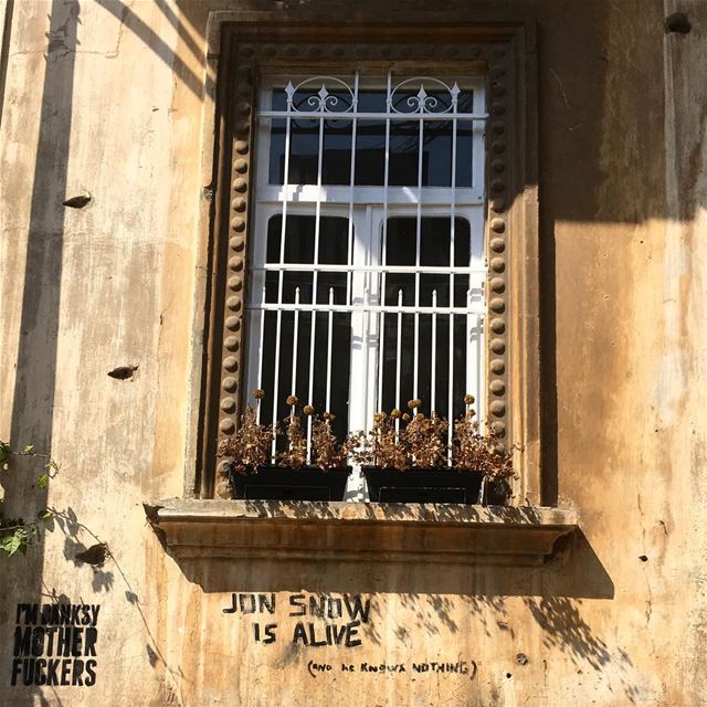  window  white  wroughtiron  sandstone  facade  banksy  tag  marmikhael ... (Mar Mikhael Village)